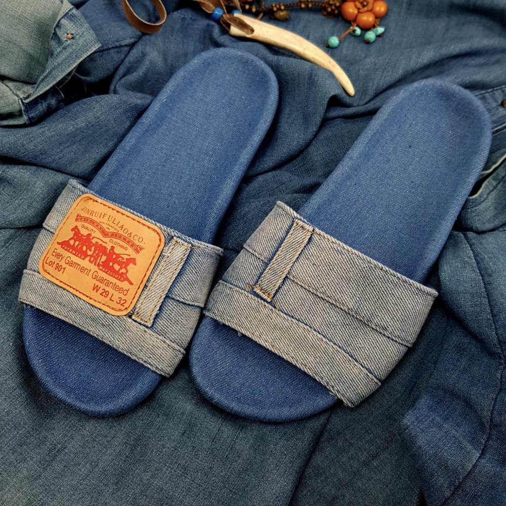Women Blue Denim Open-toe Flat Heel Slide Sandals